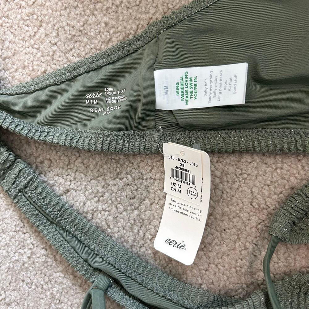 NWT Aerie Shimmery Crinkle Lace Up Scoop Bikini Top Olive Fun Swim Beach - Picture 5 of 5